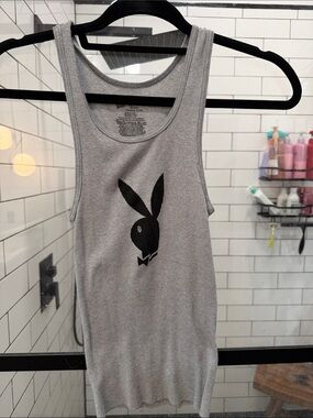 Gray Ribbed Tank with Black Bunny Logo